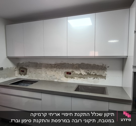 מטבח עם ארונות לבנים, קיר מתוקן, כיור מותקן